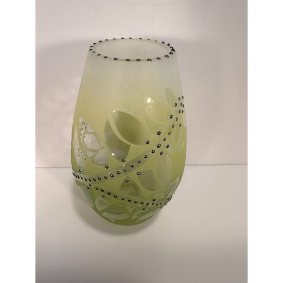 Handcrafted Frosted Green Glass Vase With Silver Accents & Intricate Leaf Design - Picture 2 of 10